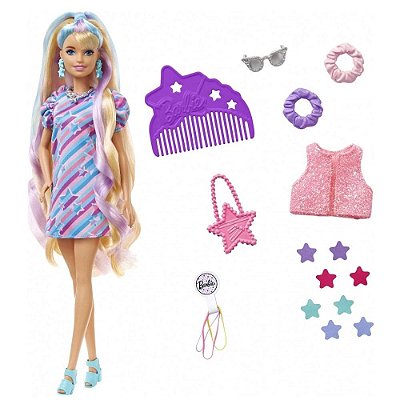 Boneca Barbie Totally Hair Cabelo Colorido De 21 CM Que Muda De Cor - Magico - Com Vestido Estrelado Loira com E Adesivos Magicos