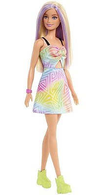 Boneca Barbie N190 Loira Com Mecha Roxa Vestido Rainbow