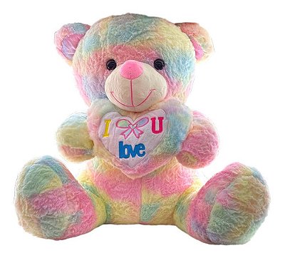 Urso Ursinho Pelúcia Tie Dye Muito Colorido I Love You 40cm