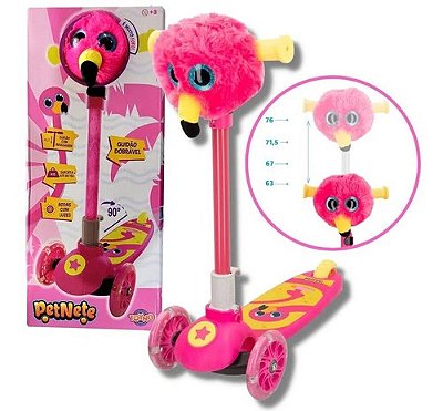 Patinete De Flamingo Dobravel Ajustavel Com Led Nas Rodas-  De 3 Rodas Com Pelucia De Flamingo E Base Larga