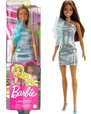 Boneca Barbie Vestido Glitter Com Babado De Luxo Morena
