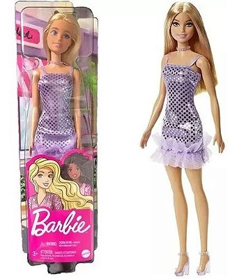 Boneca Barbie Vestido Glitter Com Babado De Luxo Loira