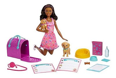Boneca Barbie Adota Cachorrinhos Negra Com Pet Magico