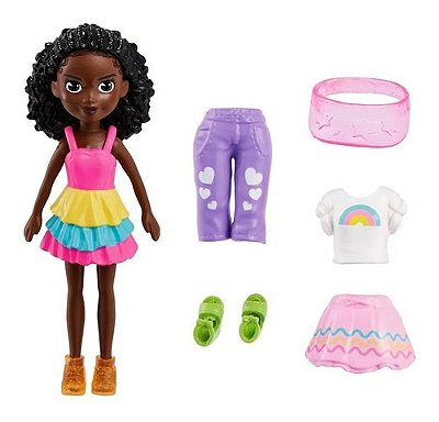 Bonece Polly Pocket Arco-ìris Com Varias Roupas Negra