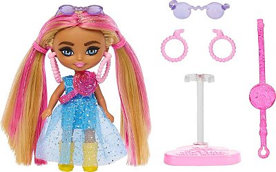 Boneca Barbie Extra Mini Minis Vestido Azul Brilhante Loira