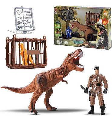 Dinossauro T-rex Articulado Com Boneco E Jaula Hunters