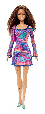 Boneca Barbie Fashionista Morena Com Sarda Vestido Coloridos