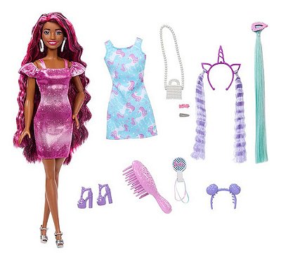 Boneca Barbie Totally Hair Cabelo Neon Com 2 Roupa Morena