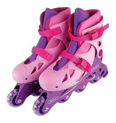 Patins Inline Rosa Roxo Ajustável Com Kit Proteção Completo