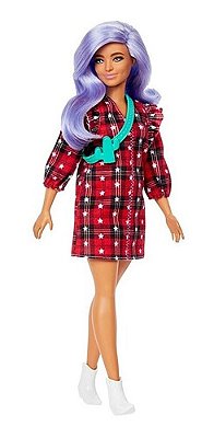 Boneca Barbie Fashionistas 157 Cabelo Roxo Vestido Xadrez