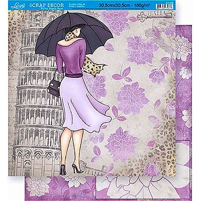 Papel para Scrapbook Dupla Face - Dama Floral Lilás- SD-0355