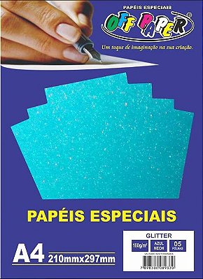 Papel A4 (glitter) Azul Neon 180g. - Off Paper - 5 Folhas