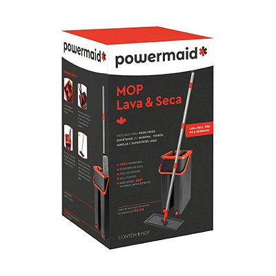 Mop Flat Mágico Lava e Seca com Balde 5 Litros - cinza/ Vermelho -Powermaid