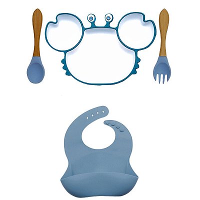Kit Alimentação Babador Prato Talheres Bebê Silicone Livre de BPA Azul