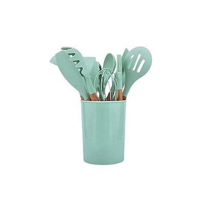 KIT 12 UTENSÍLIOS COZINHA DE SILICONE CABO DE MADEIRA VERDE