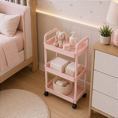 Carrinho Multiuso Organizador Pequeno 3 Prateleiras Rosa 60cm