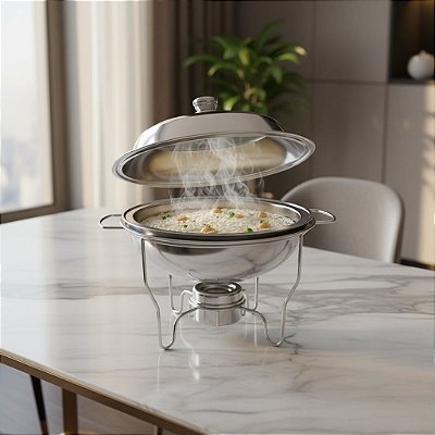 Rechaud Redondo Aço Inox Buffet Banho Maria Suporte Tampa Vidro Com duas Cubas 5,5 Litros