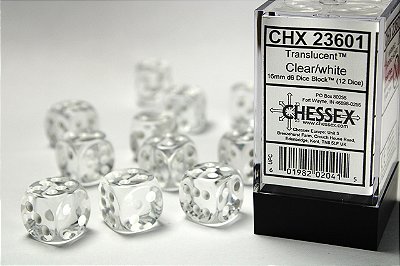 Translucent 16mm d6 Clear/white Dice Block™ (12 dice) - Importado