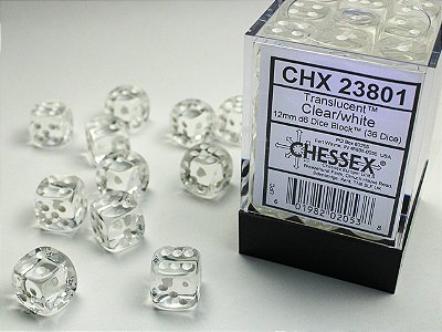 Translucent 12mm d6 Clear/white Dice Block™ (36 dice) - Importado