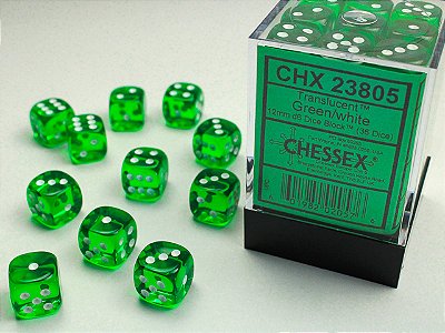 Translucent 12mm d6 Green/white Dice Block™ (36 dice) - Importado