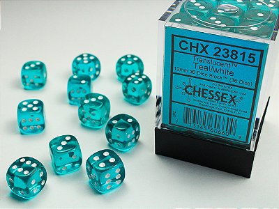 Translucent 12mm d6 Teal/white Dice Block™ (36 dice) - Importado