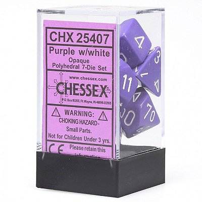 Kit de Dados - Opaco - Roxo e Branco - 7 Dados - Importado