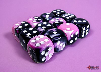 Gemini Black-Pink/white 16mm d6 Dice Block (12 dice)