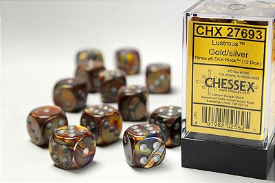 Lustrous Gold/silver 16mm d6 Dice Block (12 dice)