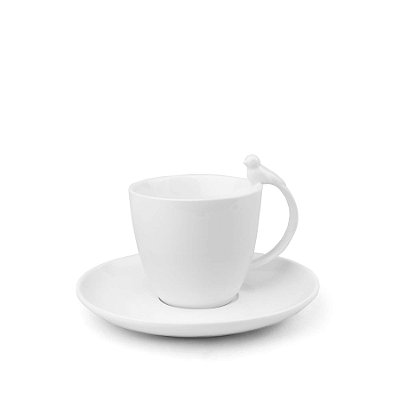 Xícara com pires em porcelana branca Birds 200 ml