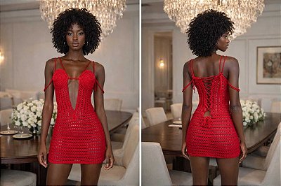 Vestido Crochê Sexy Vermelho Sob Medida