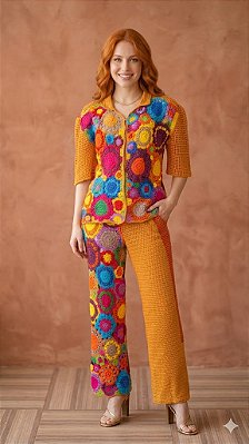 Conjunto Blusa e Calça Crochê Flores Coloridas