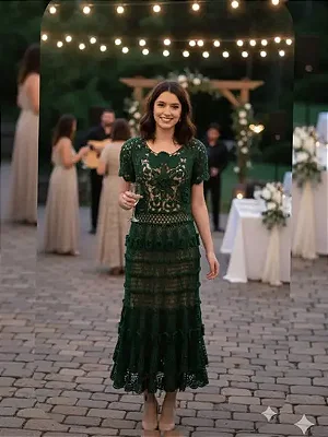 Vestido Crochê Verde Com Flores 3D Rodado