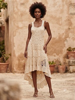 Vestido Crochê Praia Verão Barra Assimétrica Off White