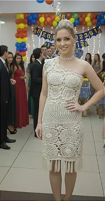 Vestido Crochê Off White com Zíper franjas na barra