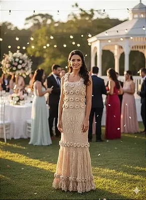 Vestido Longo de Crochê com Flores para Madrinha