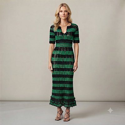 Vestido Longo Crochê Verde e Preto Babado