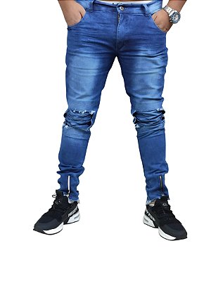 calça jeans premium ziper na perna masculina