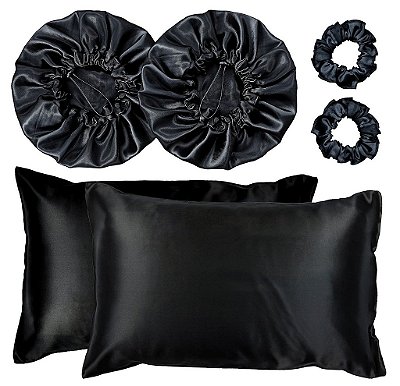 Kit 2 Fronha De Cetim Seda + 2 Toucas + 2 Xuxinhas De Brinde - Preto