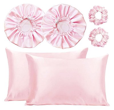 Kit 2 Fronha De Cetim Seda + 2 Toucas + 2 Xuxinhas De Brinde - Rosa-Bebê