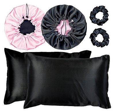 Kit 2 Fronha De Cetim Seda + 2 Toucas + 2 Xuxinhas De Brinde - Preto / Rosa