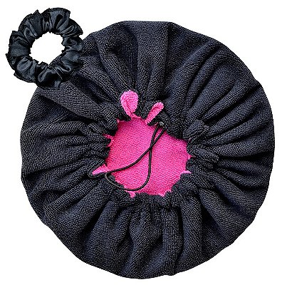 Touca Atoalhada Banho Microfibra Dupla Ajustável + Xuxinha - Preto / Pink
