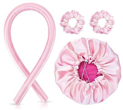 Modelador de Cachos Cetim Curling Rod + Touca Cetim Dupla Face + 2 Xuxinhas - Rosa