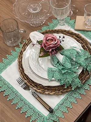 Conjunto Americano e Guardanapo Branco Renda Verde - 2 peças