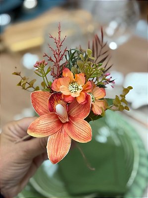 Porta Guardanapo Bouquet de Orquídea Laranja Outonal com Folhagem — Unidade
