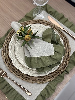 Kit 6 Lugares Jogo Americano e Guardanapo Bege Babado Verde - Mesa Posta