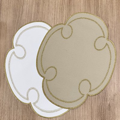 Sousplat Retangular Orgânico Bordado Dupla Face - Branco e Bege Tela de Nylon 600