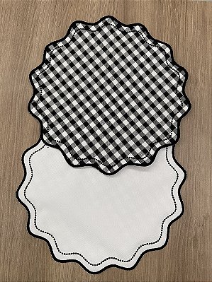 Sousplat Bordado Dupla Face Xadrez Preto e Branco x Lado Branco Bordado Preto | Nylon 600
