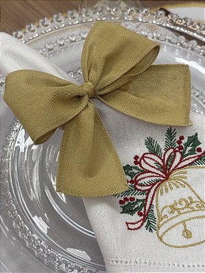 Porta-Guardanapo Laço Dourado Tecido Linho com Argola de Madeira – Dourado