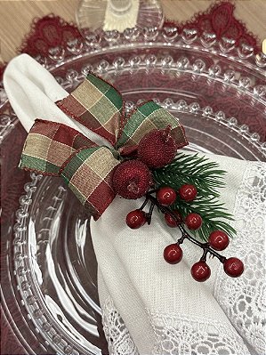 Porta-Guardanapo Luxo Natal Laço Xadrez com Frutas Vermelhas