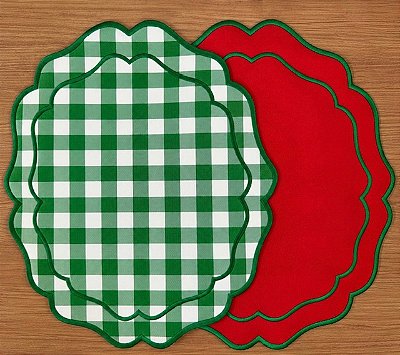 Sousplat Dupla Face Ondulado Xadrez Verde e Branco / Vermelho Bordado